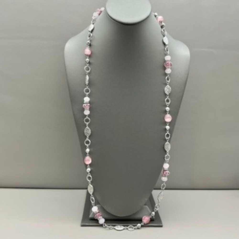 Napier Necklace Womens Pink Silver Beaded Long Station Fashion Jewelry 32 Inch